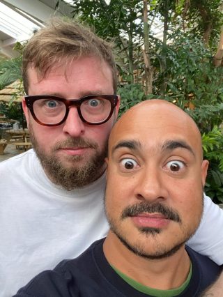 Ricky and Flav from Lads Anonymous podcast looking shocked while promoting the Lads Anonymous newsletter